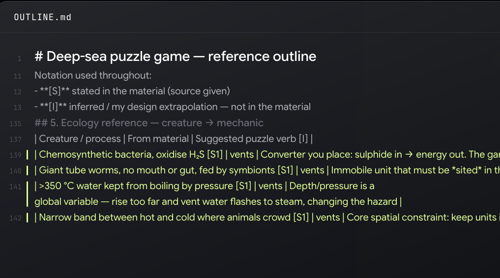 The outline Claude Code wrote after reading the folder: each point is tagged [S] if it comes from the material or [I] if inferred (chapter 13 of the tutorial, from a real run)