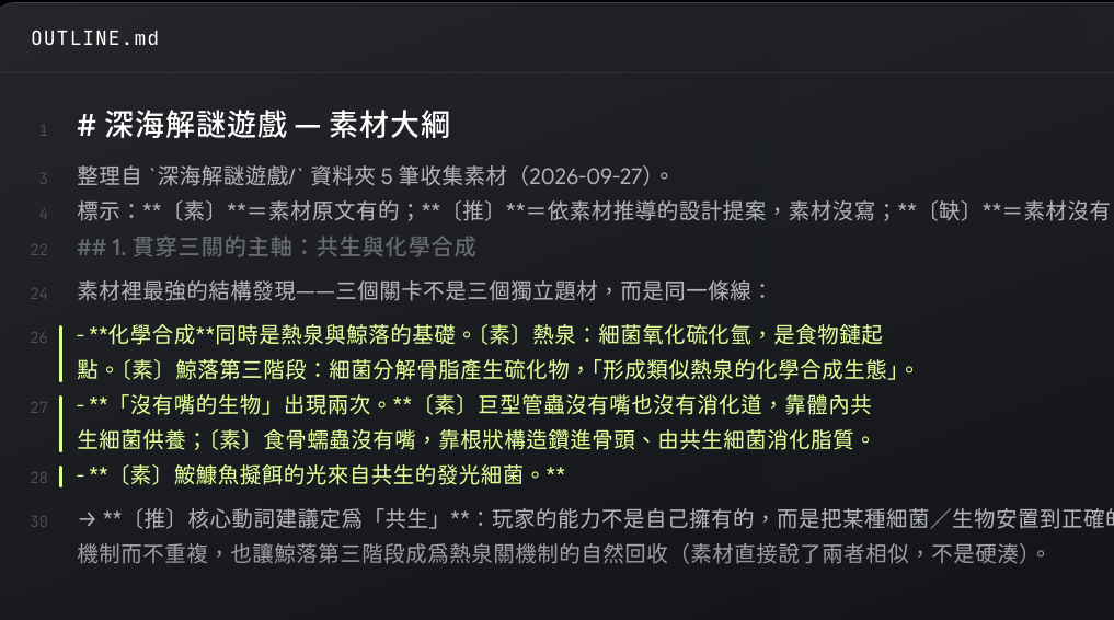 Claude Code 讀完資料夾寫出的大綱 OUTLINE.md：每一點都標著是素材原文〔素〕還是它推出來的〔推〕（教學片第 13 章，真的跑一次的結果）