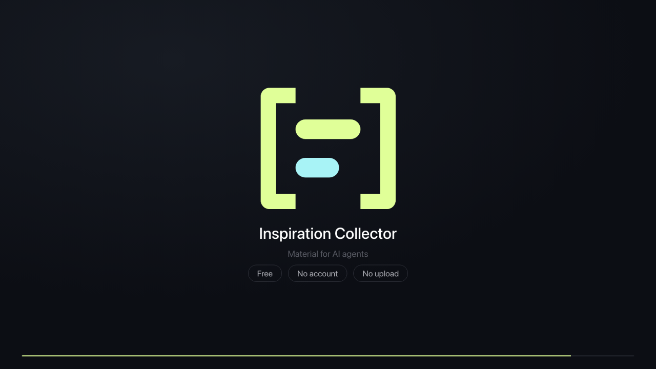 Final frame of the video, resting on the mark: the Inspiration Collector mark and name, the line “Material for AI agents”, and three tags: Free, No account, No upload