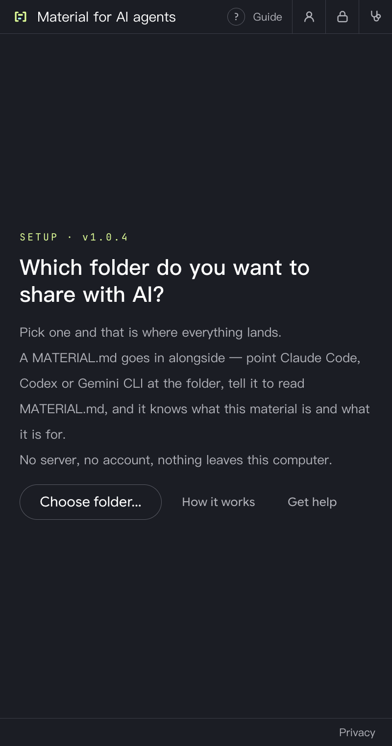 The side panel’s first screen asks “Which folder do you want to share with AI?”, with a “Choose folder…” button below